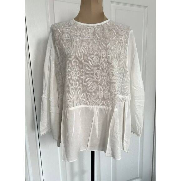 Anthropologie Endless Rose Woman White Round Neck 3/4 Bell Sleeve Front … - Picture 1 of 9